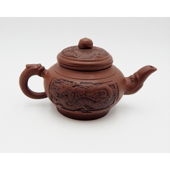 Chinese Yixing Dragon Carved Clay Teapot With Tea Strainer 7 Inch Signed - Picture 1 of 13